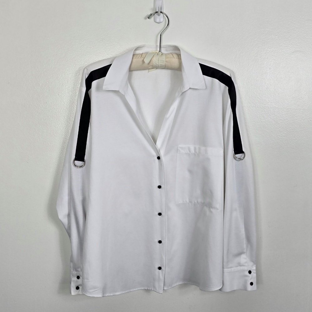 Zara White Button Down Shirt Black Grosgrain Roll Tab Sleeve Women’s Large